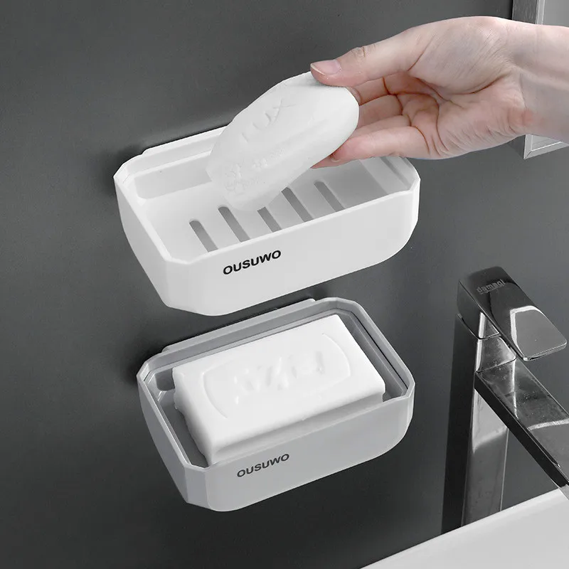 

Bathroom organizer shelf hang rack bathroom double-drain soap box suction cup wall mount no punch toilet plastic soap box