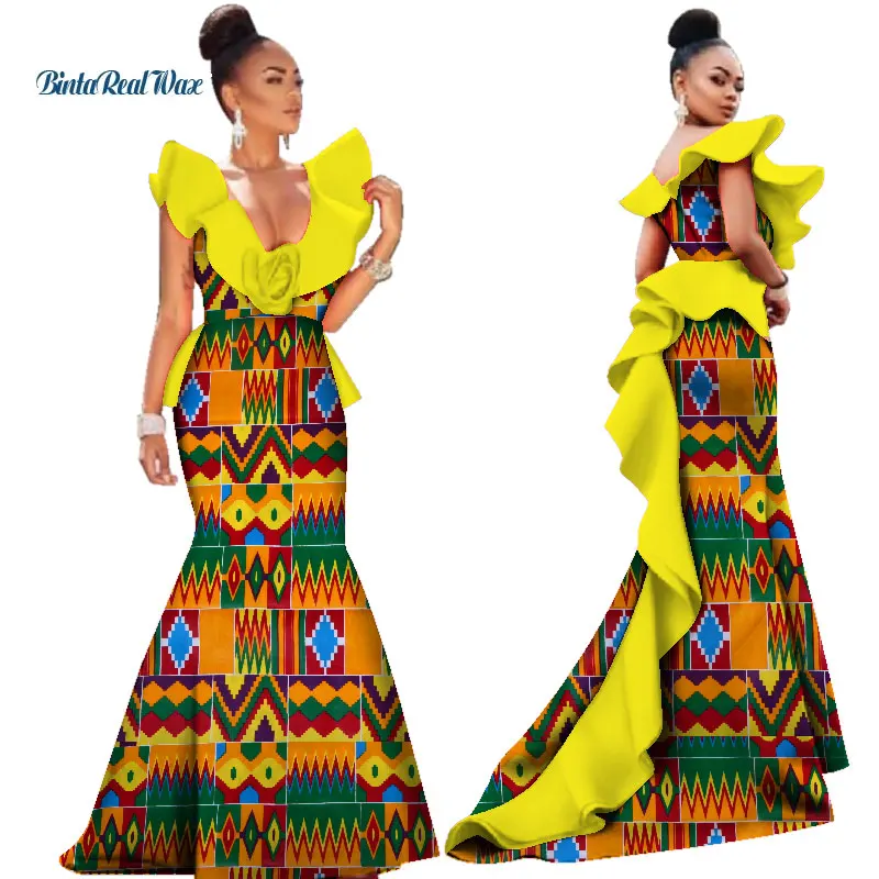 2 Африканские платья с принтом для женщин Базен Riche Ruffles размер цветок Vestidos Длинные платья русалки традиционная африканская одежда WY3033 - Цвет: 2