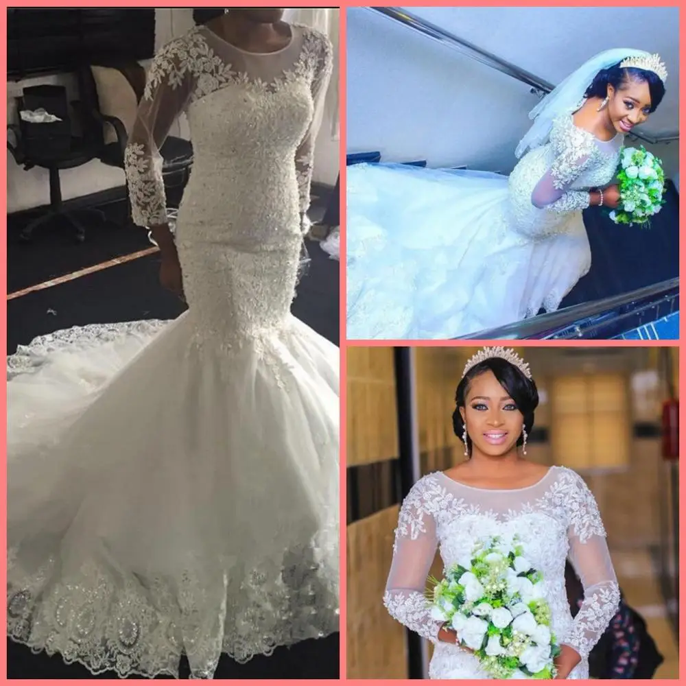 

2019 new arrival South African White Tulle Mermaid Wedding Dresses Beaded Lace Applique long sleeve modest Wedding Gowns