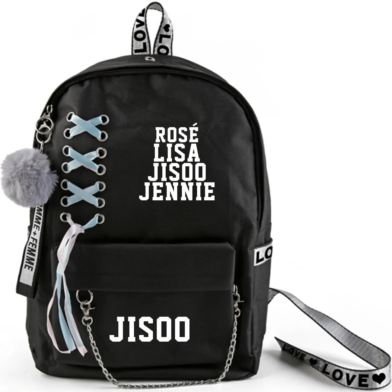 JISOO-2 Kpop Черный розовый рюкзак большой емкости школьная сумка с перекрещенной лентой плюшевый шар кулон Travel JENNIE JISOO Лиза Роза дорожная сумка - Цвет: JISOO-2