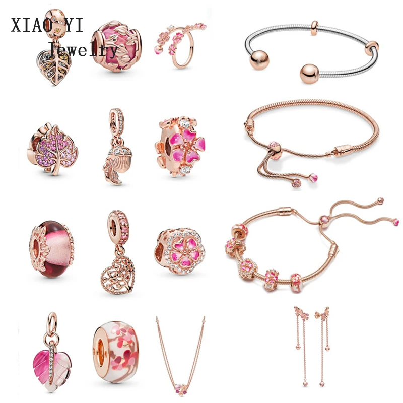 

XIAOYI jewelry 100% 925 Sterling Silver 11 pink romantic forest long peach blossom series beaded jewelry bracelet original gift