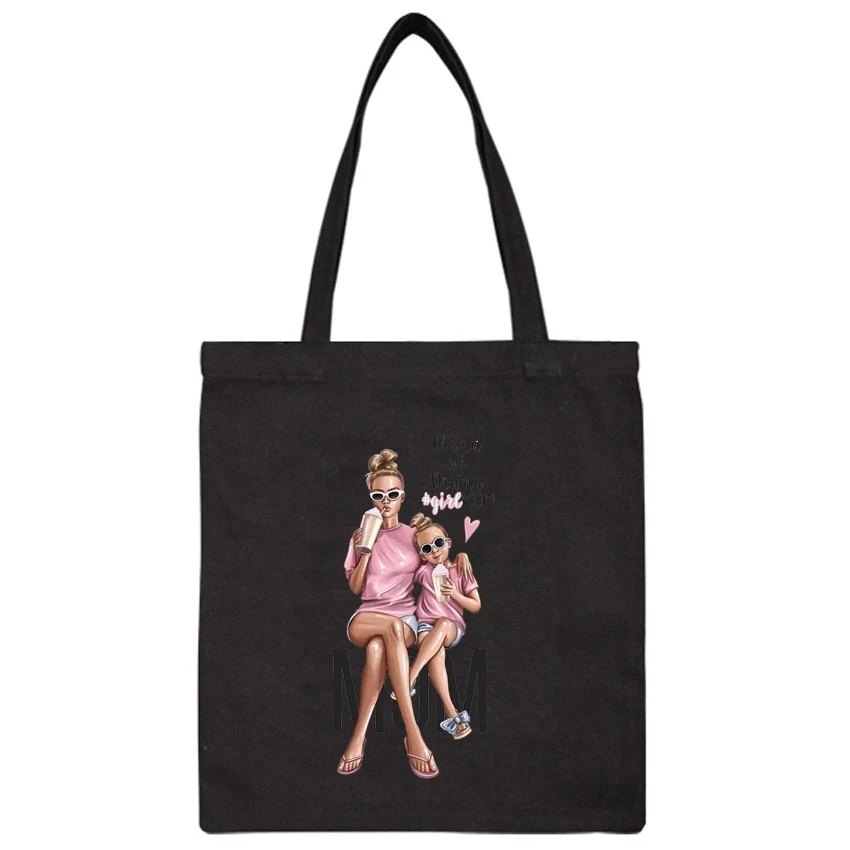 Canvas Shopping Bag Lovely Girl Mom Print Handbag Large Capacity School Trval Bag Tote Shopper Bags Clothes Package Bag