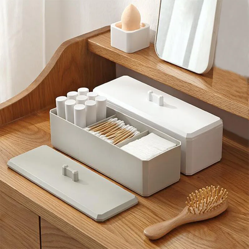 

Simple Cosmetic Storage Box Organizer Three Grid Jewelry Storage Dust-proof Cotton Swab Cotton Storage Box Desktop Finishing