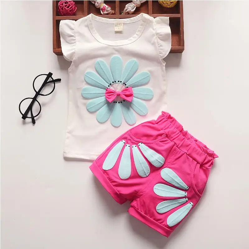 BibiCola/Летняя одежда для девочек комплекты одежды для детей хлопковые футболки с героями мультфильмов для маленьких девочек+ джинсы, 2 предмета, Костюмы Одежда для девочек, для От 1 до 4 лет - Цвет: rose red4