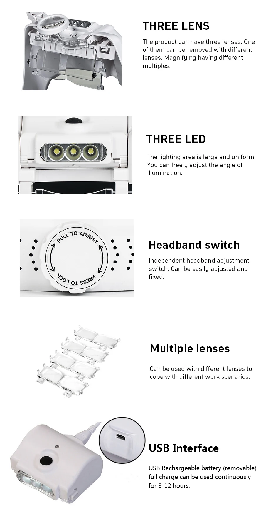 tape measure tool USB Rechargeable LED Lighting  Lamp Head Loupe Jeweler Headband Magnifier Eye Glasses Optical Tool Repair Reading Magnifier indicator paper