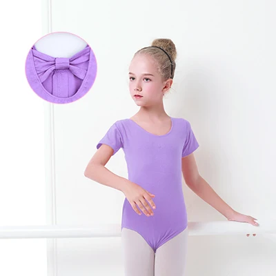 Lavender ShortSleeve Лайкра хлопок дети девочка балет танец трико Боди Девушки Одежда с бантом Сзади Розовый Лавандовый Лонгслив под змеиную кожу - Цвет: Lavender ShortSleeve