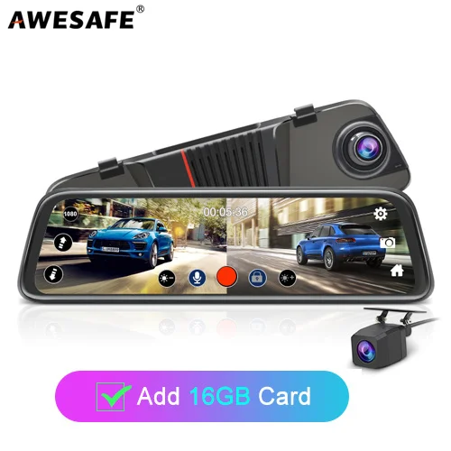 Add 16GB Card AWESAFE, новинка, FHD, 1080 P, видеорегистратор, автомобильный видеорегистратор, камера, поток, зеркало заднего вида, 10 дюймов, ips, 2.5D, привод, видео, авто рекордер, ночное видение - Название цвета: Add 16GB Card