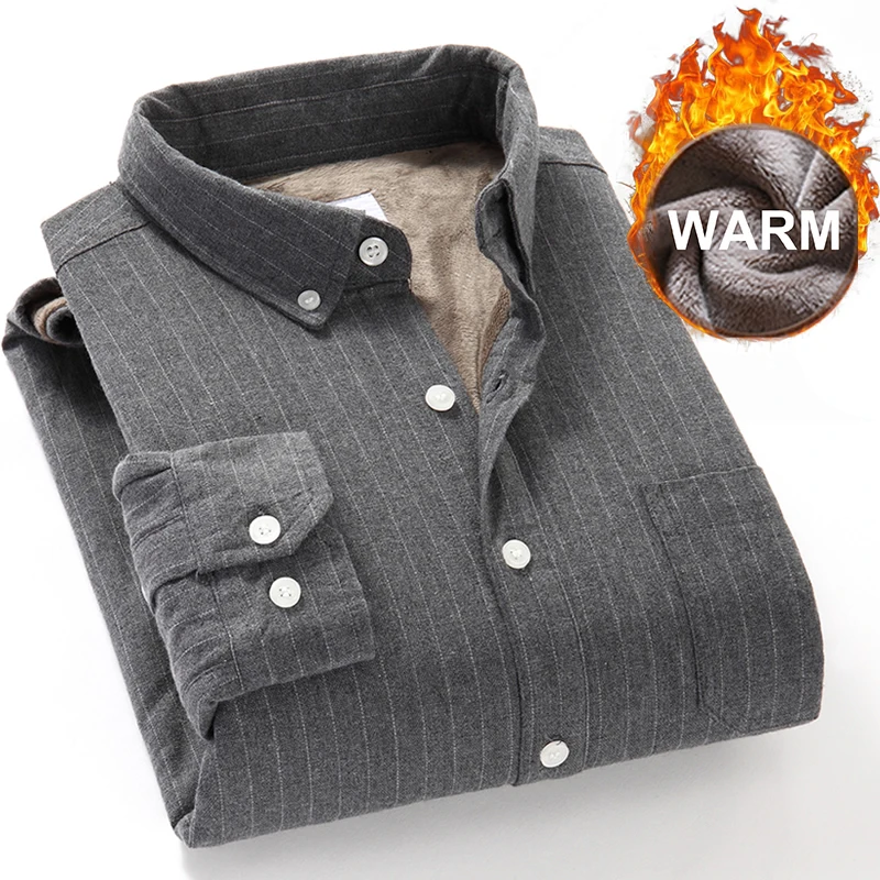 Schinteon Men Winter Warm Shirt Sanding Cotton Fleece Lining Flannel Bottoming Striped Shirt S-4XL Top Quality