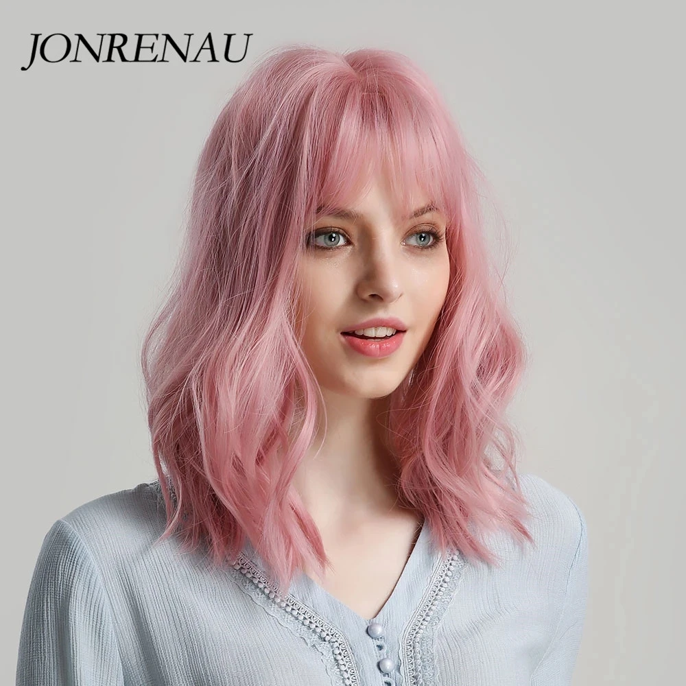 Permalink to -58%OFF JONRENAU High Quality Short Natural Wave Hair Synthetic Wigs with Neat Bangs for Women Pink Beige Brown 3 Colors for Choose