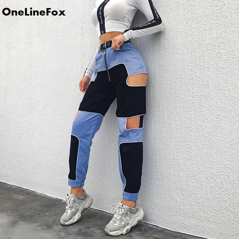 

OneLineFox Fashion Hip Hop Cargo Pants Women Hollow Out High Waist Trousers Streetwear Patchwork Sweatpants and Joggers Ladies