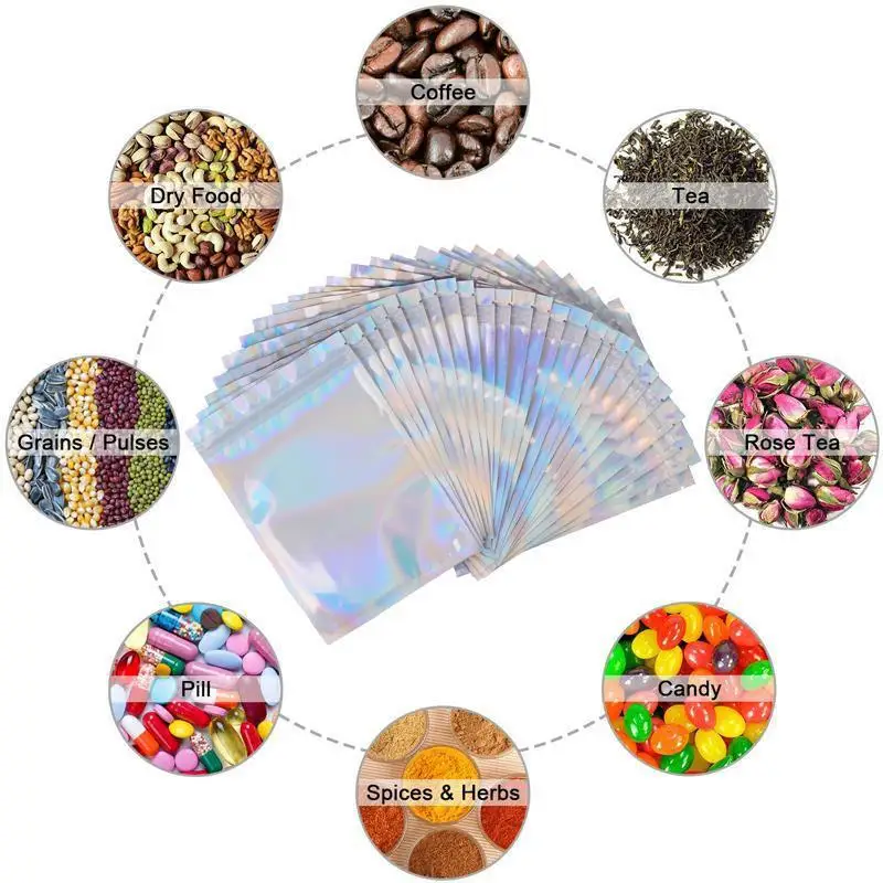 Resealable-Mylar-Bags-Holographic-Color-Multiple-Size-Smell-Proof-Bags-Clear-Zip-Lock-Food-Candy-Storage.jpg Learealsikai Mylar Backs Holografikus Színű Több Méretű Szaggalálló Zsákok Tiszta Cipzárral Rendelkező Ételek Cukorkák Tárolócsomagoló Táskák - Image 3