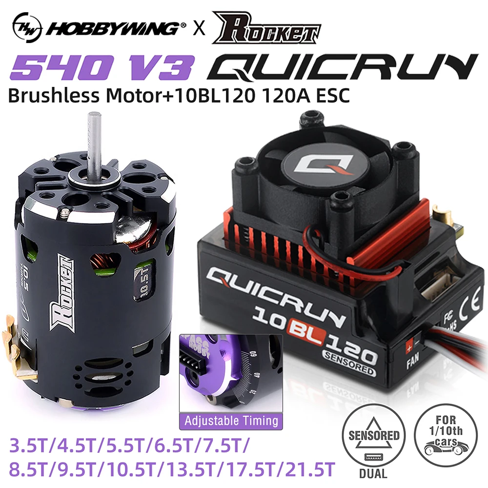 Hobbywing Quicrun 10bl120 120a Esc W/rocket 540 V3 4.5t 10.5t 13.5t Motor Sensored Brushless Set