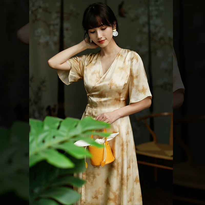 ROJAY Zware Zijden Cheongsam Jonge Stijl Lage Kraag Vintage Zijden Jurk A-lijn Jurk Bodysuit Zomer Hanfu