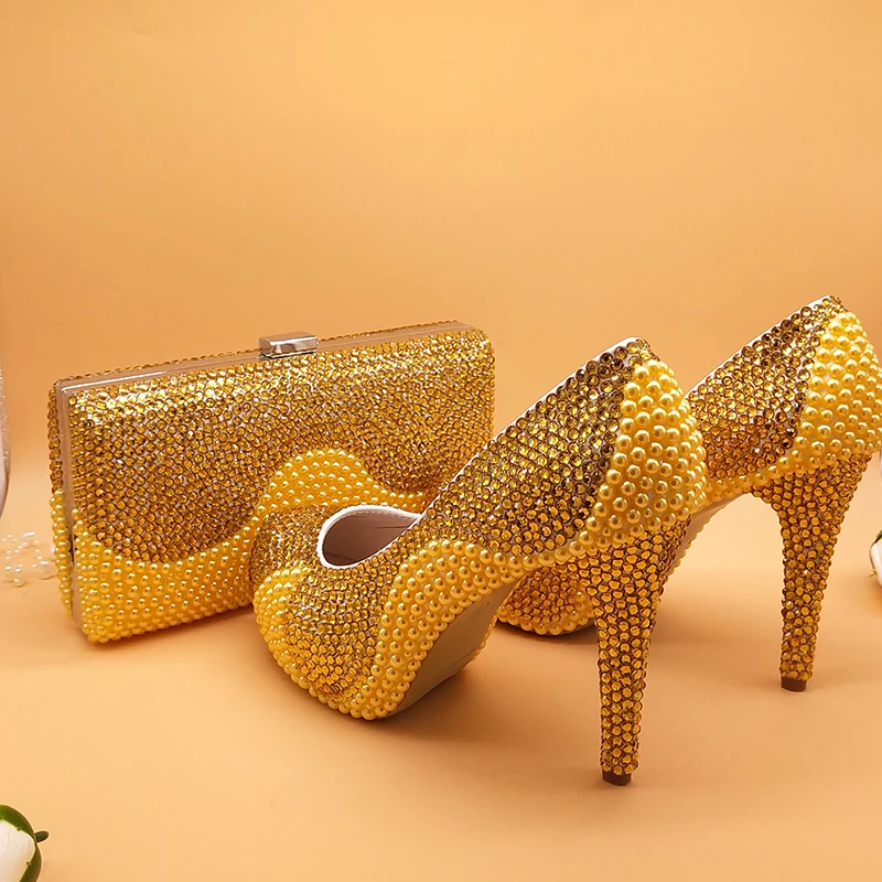 Golden pearl crystal wedding shoes and bag Sets Fashion women's Round