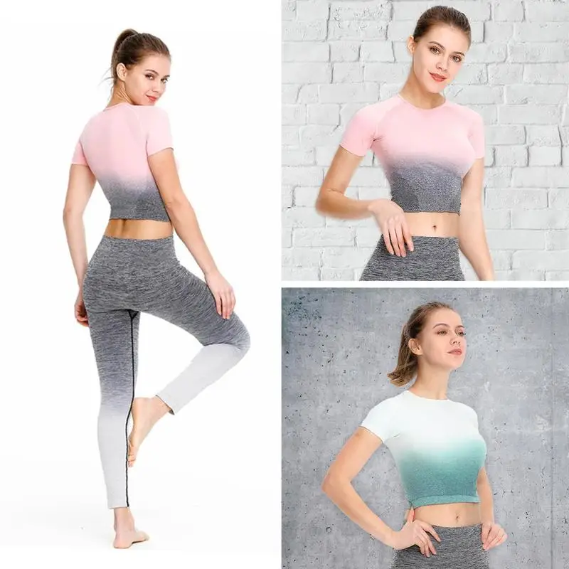 

Gradient Women Sports Yoga Slim Crop Tops Ladies Fitness Round Neck High Waist Short Sleeve T-shirts Clothes Pink, Lake Blue