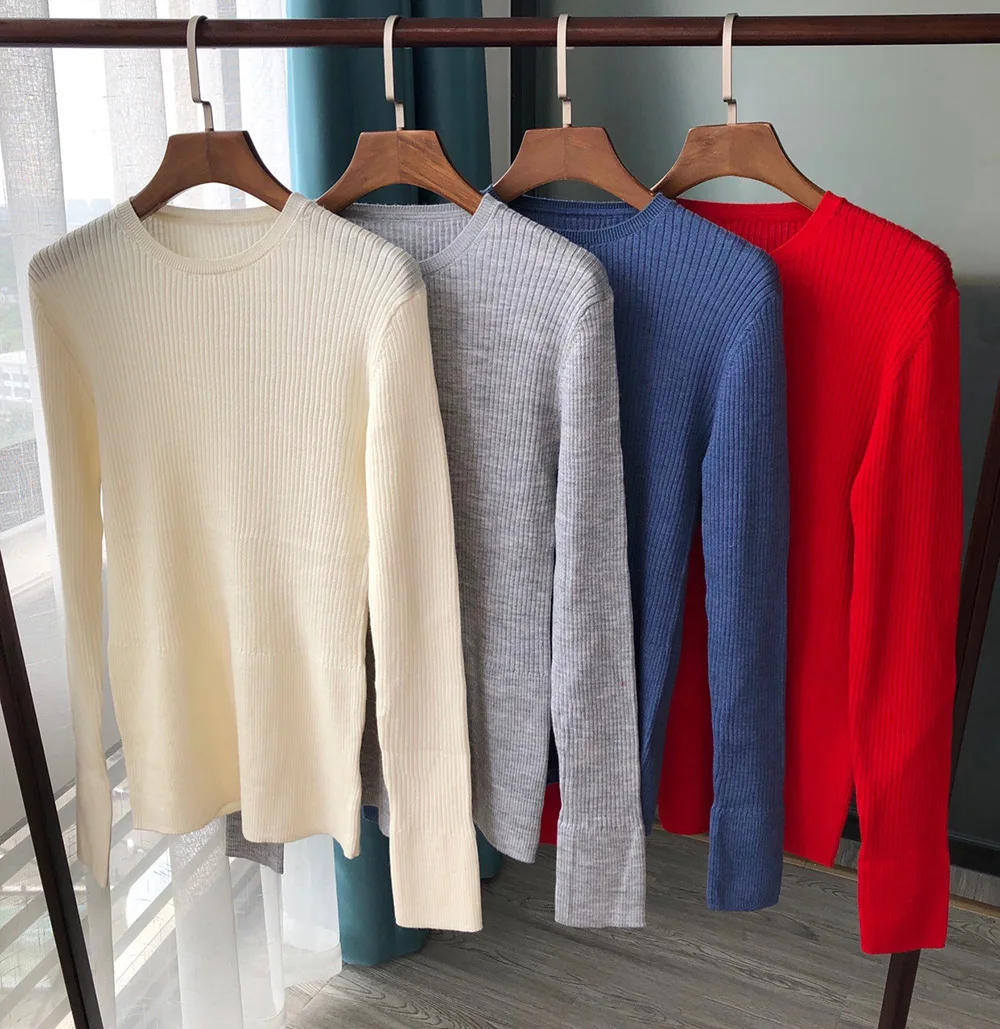 

Women Wool & Silk Blend Elastic Knitted Rib Pullover Top - White/Red/Grey/Blue Solid Color Long Sleeve Round Neck Sweater