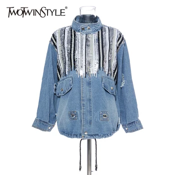 

TWOTWINSTYLE Patchwork Sequins Striped Denim Coat For Women Lapel Collar Long Sleeve Hit Color Ripped Hole Jacket Female Fashion