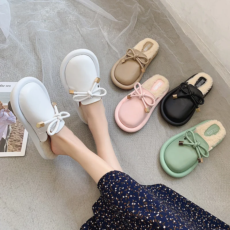 

Rubber Slippers Women Shoes 2019 Cover Toe Butterfly-knot Low Slides New Flat Basic PU Butterfly-knot Shoes Woman 2019 Cover