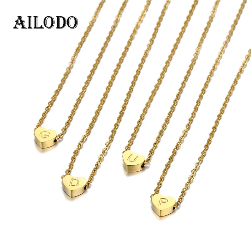 Ailodo Fashion Tiny Heart Initial Necklace Stainless Steel Gold Color Letter Name Necklace For Women Pendant Jewelry Girls Gift
