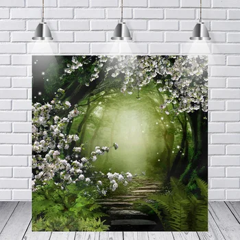 

Photography Backdrops Beautiful Green Forest Tree Path White Flowers Grand Entrance Custom Photo Studio Background Backdrop