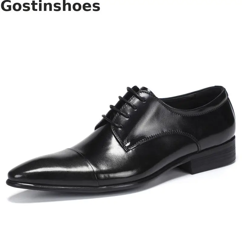 Men Shoes Oxfords Cow Leather Black Brown Lace-up Pointed Capped Toe Formal Shoes Business Dress Shoes Men Wedding Shoes Office