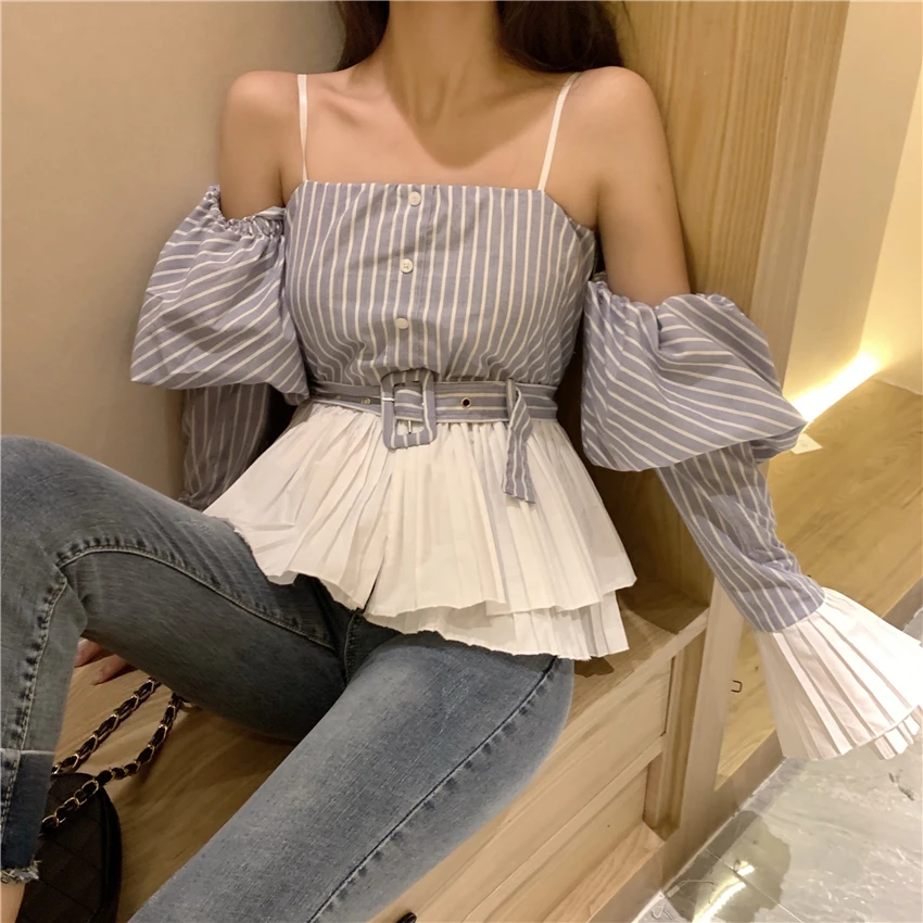 Полосатая блуза со спущенными плечами mujer de moda, корейский стиль, Женские топы и блузки, женская модная брендовая Укороченная рубашка, Новинка осени