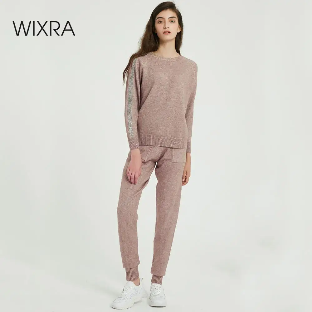 Wixra, женский свитер, костюм и комплекты, круглый вырез, свитер с блестками+ длинные брюки с карманами, 2 предмета, одноцветные повседневные комплекты, Осень-зима