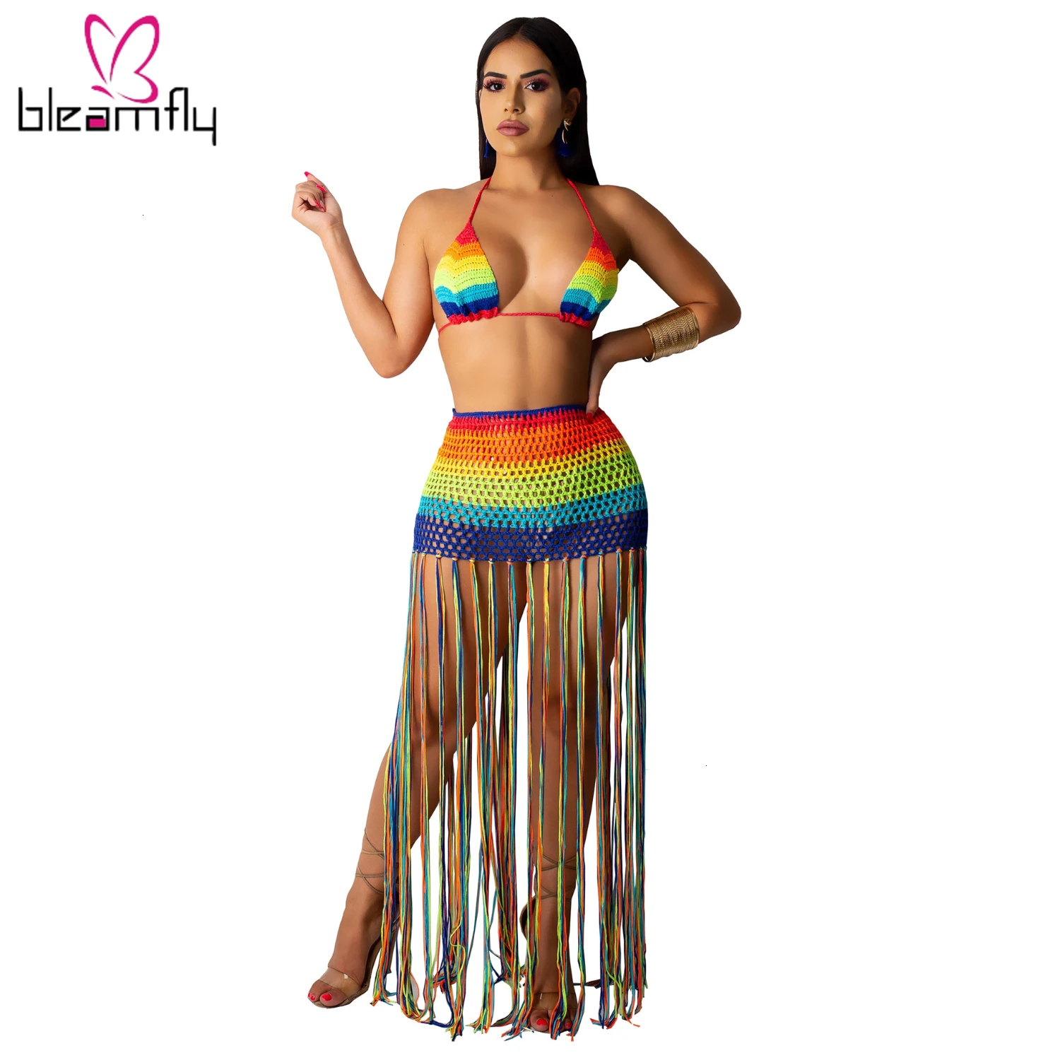 2019 женский новый Радужный полосатый вязанный крючком короткий топ с кисточками