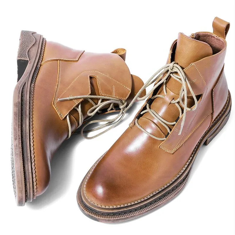 Eur Size 38-43 Retro Boots Men Full Grain Leather Lace Up Autumn Ankle Boots Man Trendy Thick Heel Winter Casual Shoes Soft