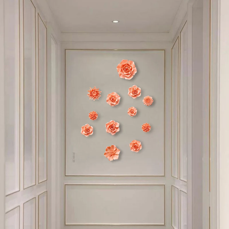 Chinese Orange Ceramic Peony Rose Flower Wall Hanging Home Livingroom Wall Sticker Decoration Cafe Store Lobby Mural Crafts
