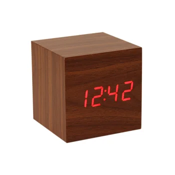 

Square Desktop Table Digital Thermometer Clock Cube LED Wood Alarm Clock Sound Control