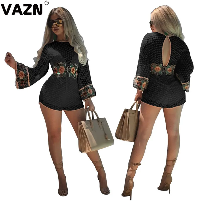 VAZN JLX8873, шикарный дизайн, лето, сексуальный женский черный кружевной комбинезон, полный рукав, аппликация, молния, летящий пляжный костюм, уличный пляжный костюм - Цвет: Черный