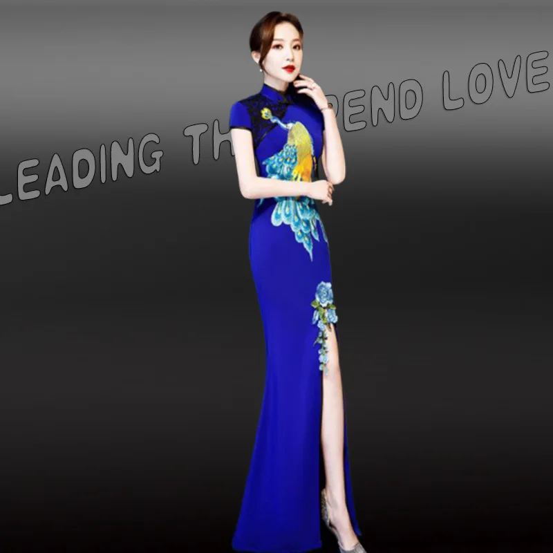 Синий Size 4XL Mermaid Embroidery Elegant Stage Show High Split Silm Qipao Chinese Traditional Women Dress Vintage Lady Sexy Cheongsam - Цвет: Синий