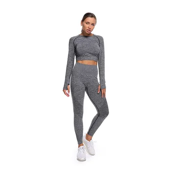 

2020 Spring Seamless Fitness Sweatsuits for Women 2 Piece Set Casual O-Neck Long Sleeve Tight T-shirt High Waist Leggings Hole