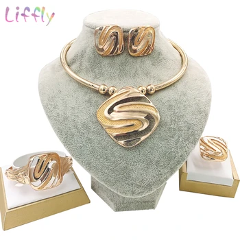 

Liffly Fashion Indian Gold Jewelry Sets Gold Necklace Bracelet Earrings Ring Wedding Elegant Bride Gold Jewelry
