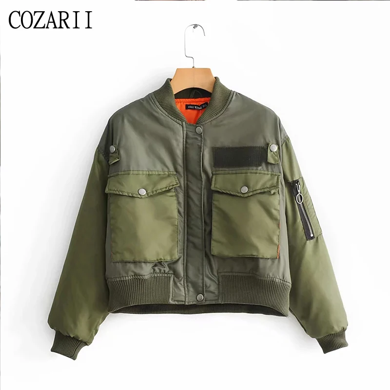 

Women Casual Army Green Autumn-Winter Za Bomber jacket 2019 Fashion Green Oversize Short CoatOutwear Warm Jacket casaco feminino