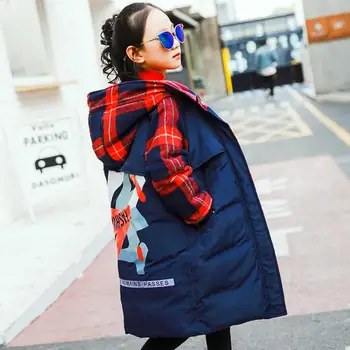 

6-14T Fashion Children Cotton Coats plaid spliced hooded Warm Girls Parka oversize Outerwear Modis kids winter jackets Y2328