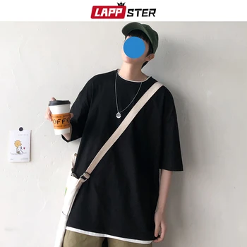 

LAPPSTER Men Kawaii Kpop Harajuku Tees 2020 Mens Summer Fake Two Pieces Streetwear Tshirts Male Casual Colorful Loose Tees
