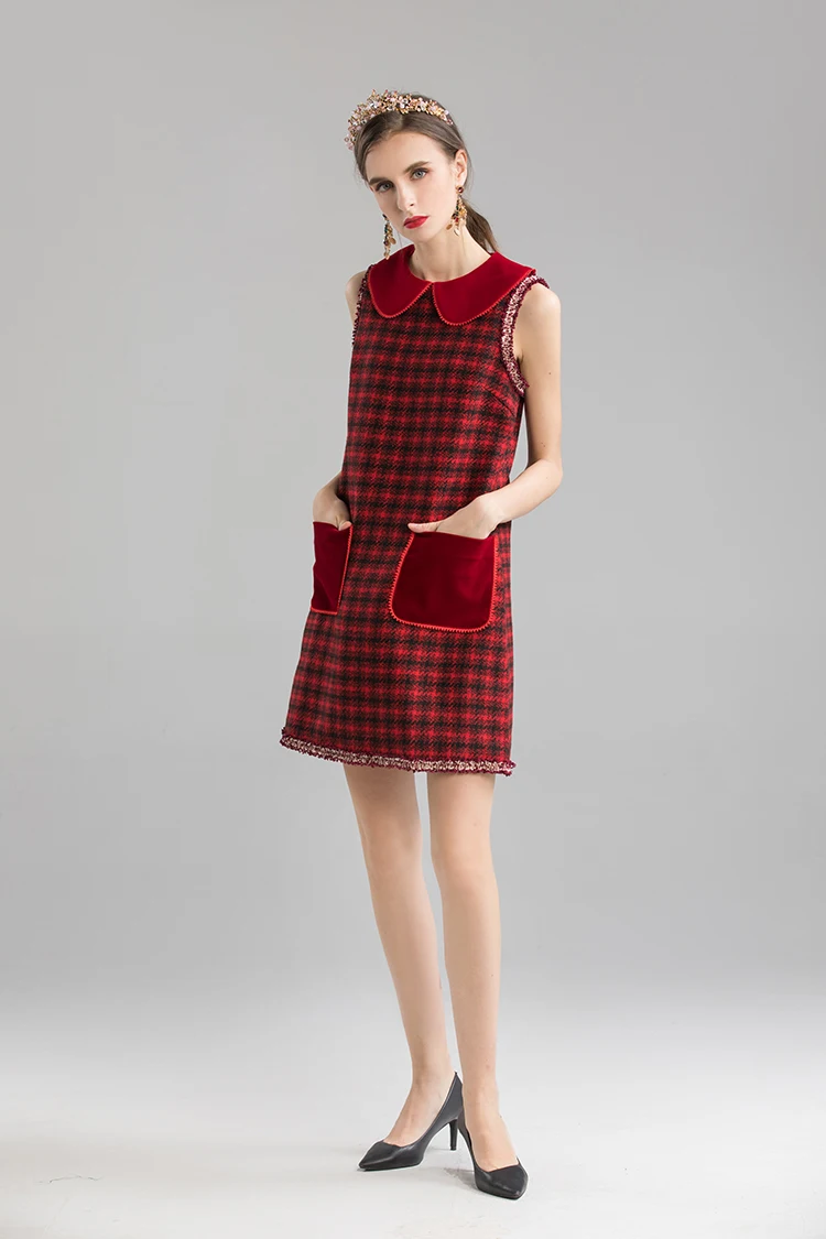 SEQINYY Red Vest Dress Autumn Spring New Fashion Design Women Plaid Straight Pockets Mini Dress