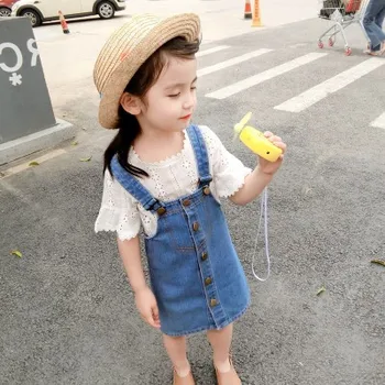 

New 3-7 year children's suits summer girls baby fashion hollow tops + denim strap dress princess two-piece children's clothing