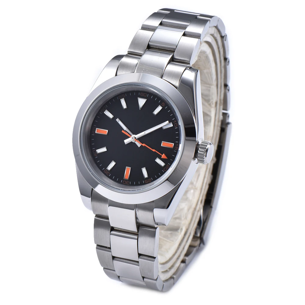 

Watch automatic mechanical 39 mm AIK polished luminous pointer black sterile dial steel case bracelet mineral crystal GL12