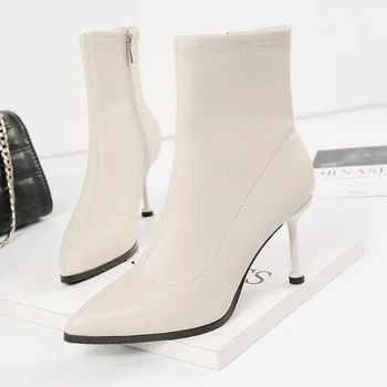 

2020 New Winter Women Ankle Boots High Thin Heel Pointed Toe Solid Zipper Fashion Sexy Ladies Women Shoes Brown Warm Short Boots