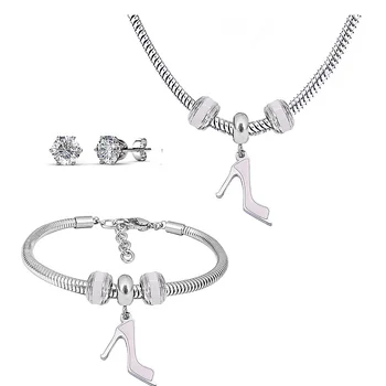 

2020 Cartoon Cute Pink Enamel Design Stainless Steel Silver Color Necklaces earring Set Fashion Jewelry Kids Gift