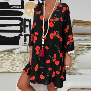 

Summer Dress Women Plus Size Loose Fashion Casual Ladies Print Three Quarter Sleeve Mini Dress Summer Dress#15