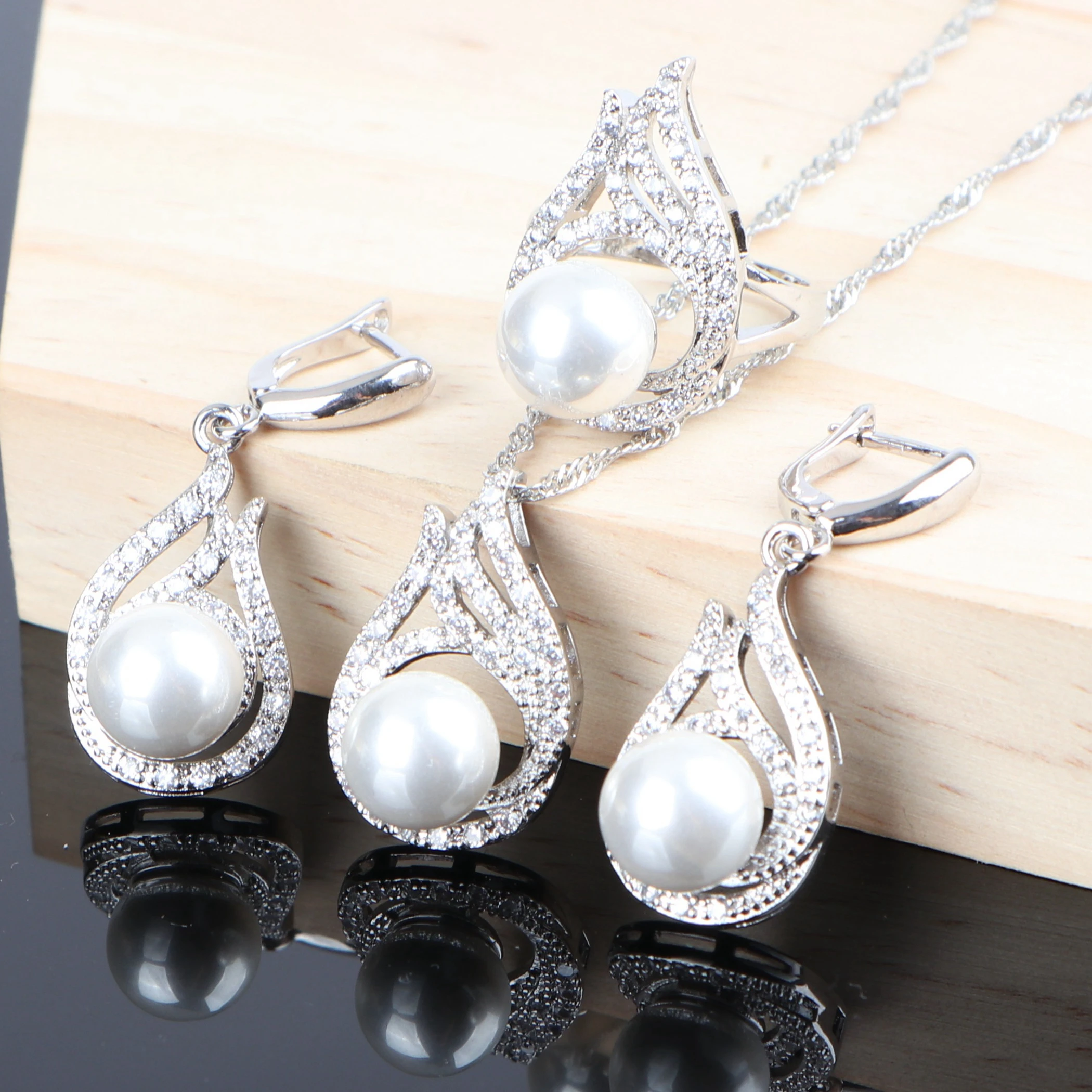 Жемчужный Свадебный костюм Ювелирные наборы Свадебные серебряные 925 ювелирные