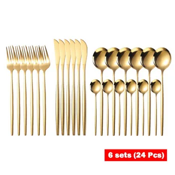 

24pcs Gold Dinnerware Set 18/10 Stainless Steel Tableware Set Knife Fork Spoon Flatware Set Dishwasher Safe Cutlery Set Gift Box
