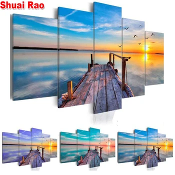 

Full Drill round Diamond Painting 5 Pieces 3d picture Landscape Diamond Embroidery Seaside Cross Stitch 5 canvas art panel