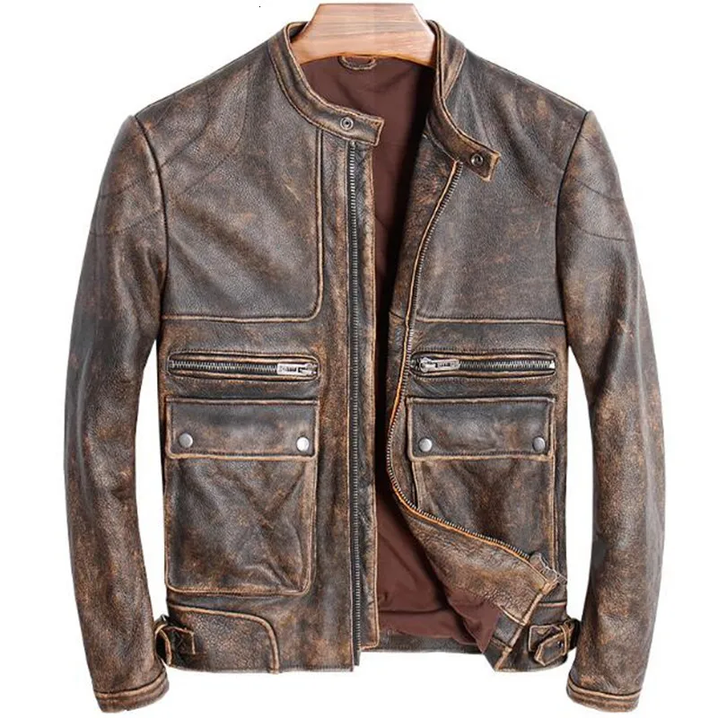 Мужская куртка из натуральной кожи, мотоциклетная, винтажная, коричневая, стоячий воротник, Ретро стиль, зима, осень, настоящая коровья кожа, пальто, chaqueta cuero hombre