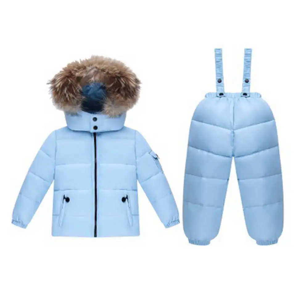 Комплекты зимней детской одежды зимний комбинезон парка Детский комбинезон с натуральным мехом пуховик для девочек теплое детское пуховое пальто с капюшоном - Цвет: Sky Blue