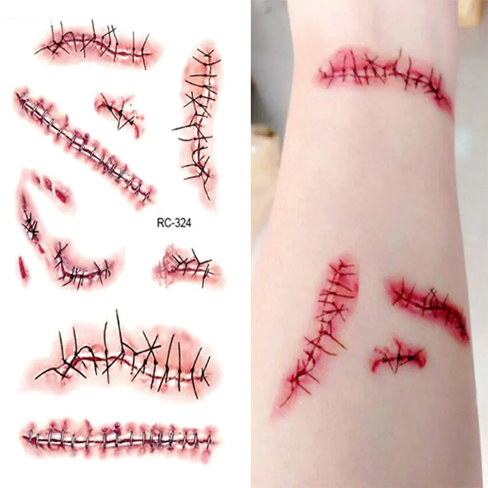 

11PCS Halloween Temporary Tattoo Sticker Halloween Terror Wound Realistic Blood Injury Scar Fake Tattoo Sticker